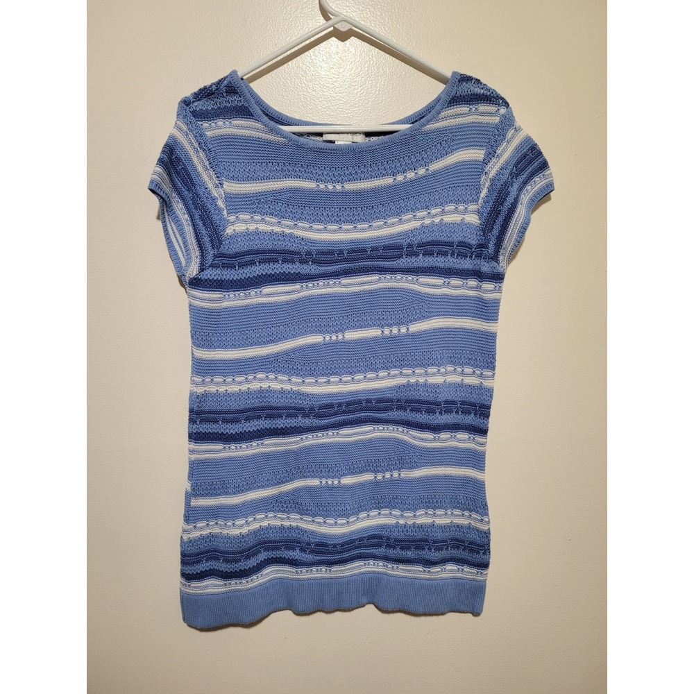 Christopher & Banks Knit Top Women Large Blue Striped Short Sleeve Cotton